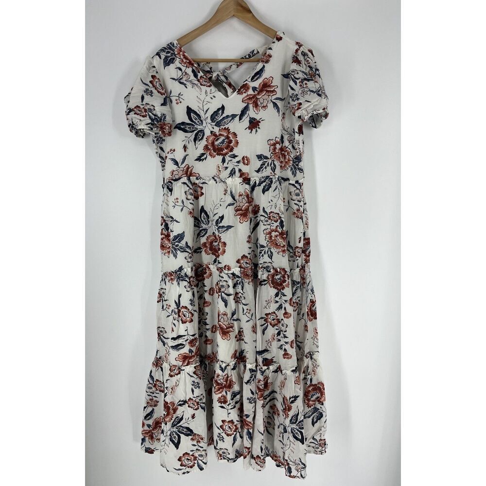 Lucky Brand Maxi Dress Medium White Red Floral Tier Tie Back Puff Sleeve Prairie